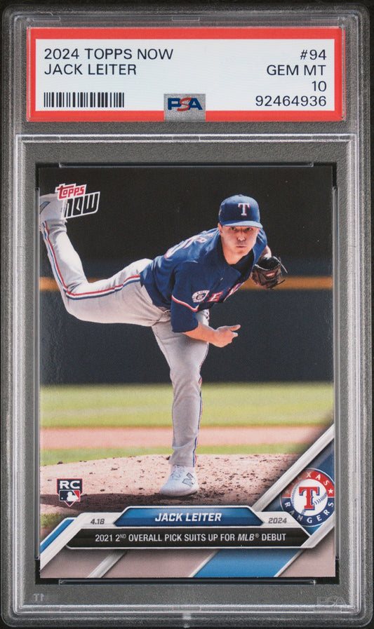 Graded 2024 Topps Now Jack Leiter #94 Rookie RC Baseball Card PSA 10 Gem Mint