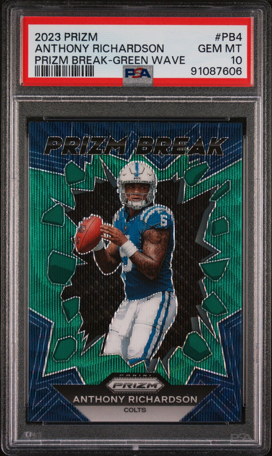 Graded 2023 Panini Prizm Anthony Richardson #PB4 Prizm Break Green Wave Rookie RC Football Card PSA 10 Gem Mint