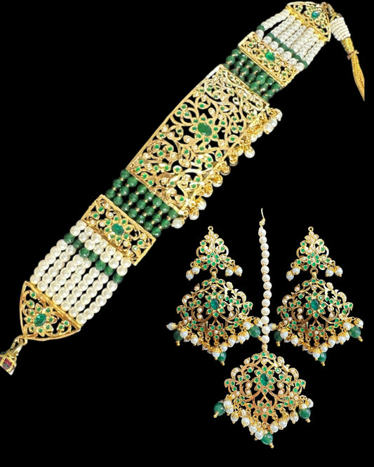 C568 Gold plated jadau choker in emerald pearls ( READY TO SHIP )
