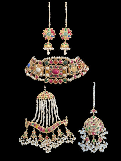 BR471 Naheed navratan bridal set with fresh water pearls and gemstones ( READY TO SHIP )