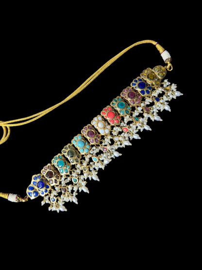 C547 Navratan bridal choker earrings set in fresh water pearls ( READY TO SHIP )
