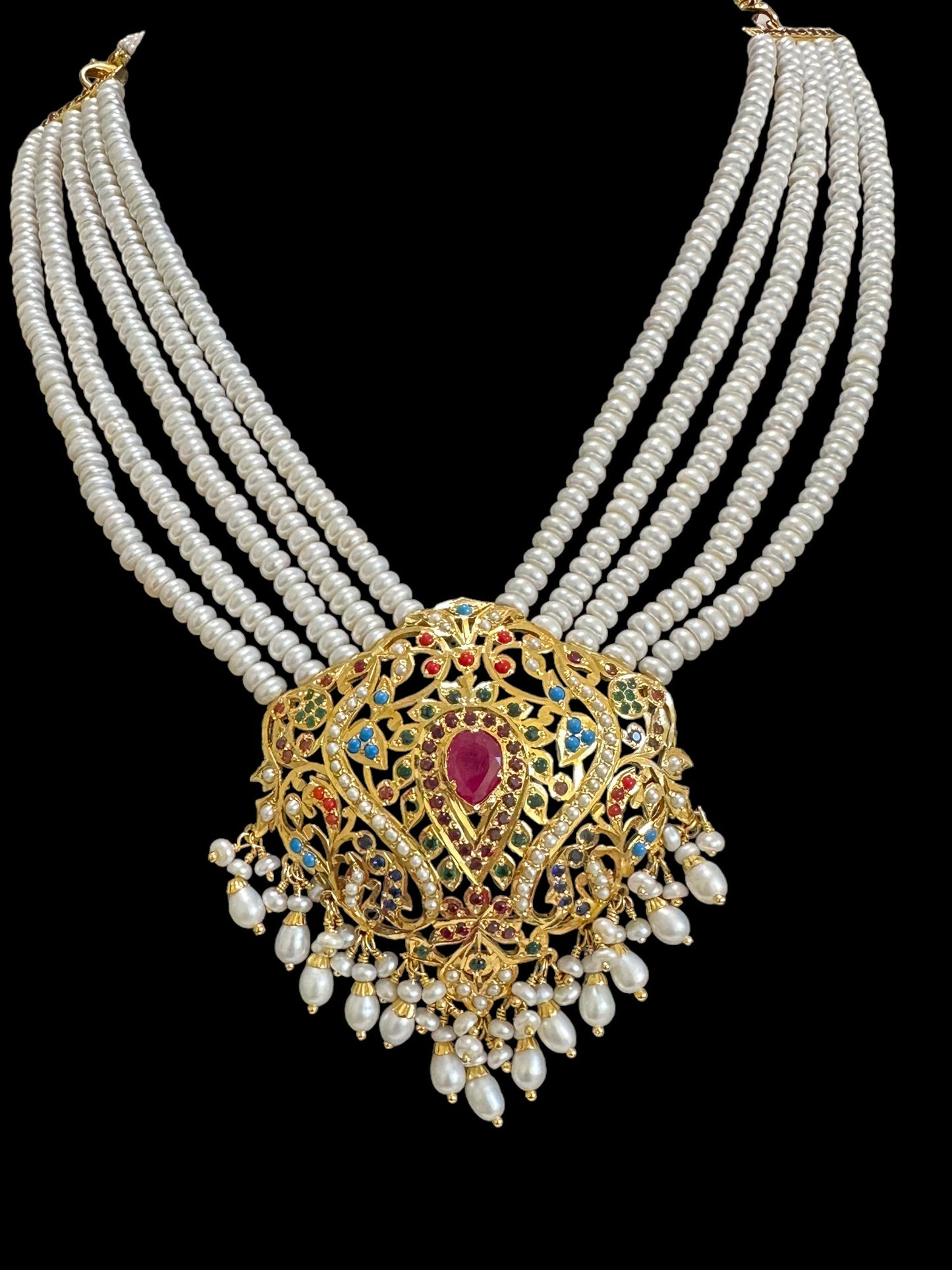 Navratan necklace with earrings in gold plated silver ( READY TO SHIP )