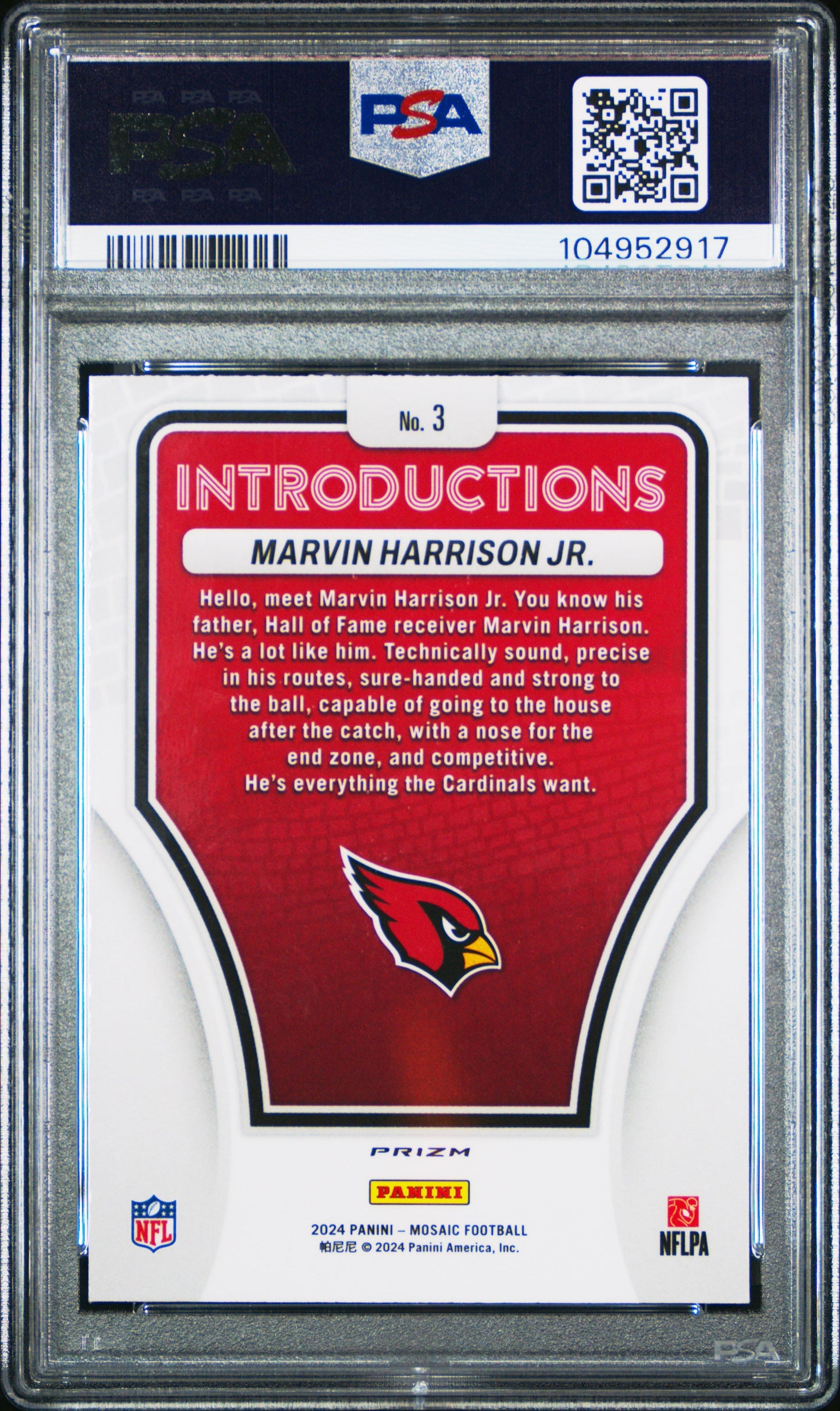 Graded 2024 Panini Mosaic Marvin Harrison Jr #3 Introductions Silver Rookie RC Football Card PSA 10 Gem Mint