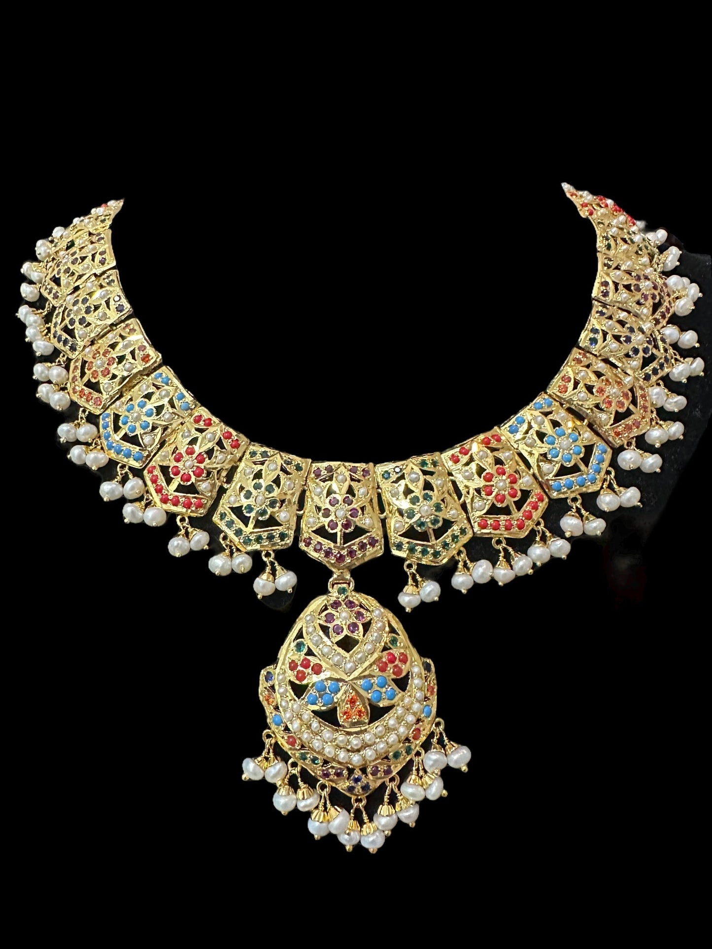 Navratan / Multicolored Jadau Necklace Set in Gold Plated Silver ( SHIPS IN 5 WEEKS  )