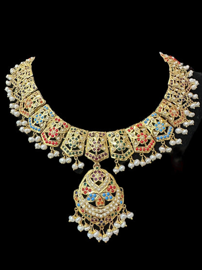 Navratan / Multicolored Jadau Necklace Set in Gold Plated Silver ( SHIPS IN 5 WEEKS  )