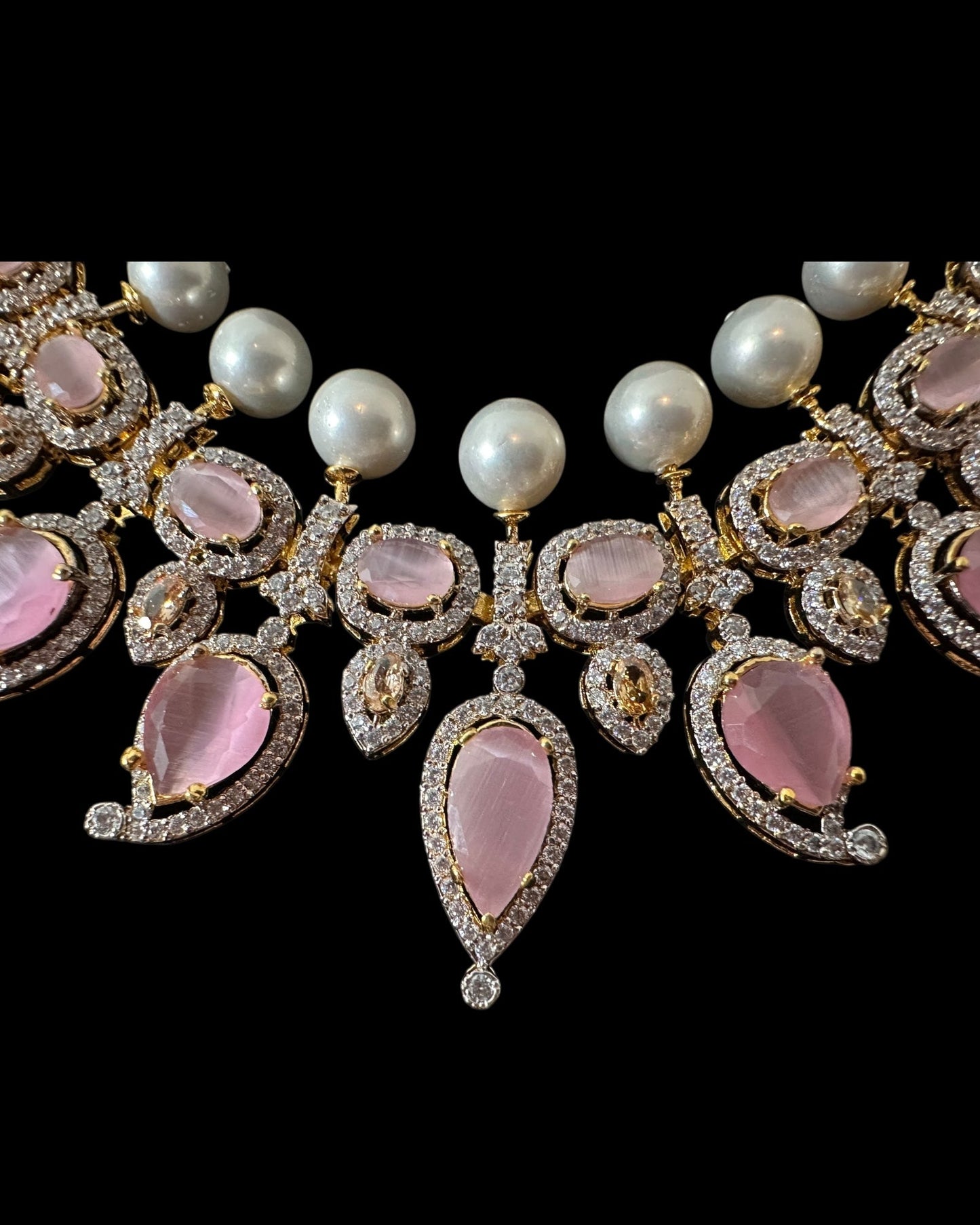 BR462  Anmol necklace set in pink( rose quartz ), Cats eye and pearls ( SHIPS IN 4 WEEKS )
