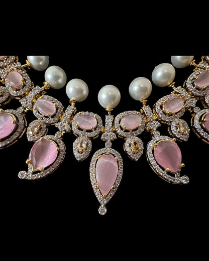 BR462  Anmol necklace set in pink( rose quartz ), Cats eye and pearls ( SHIPS IN 4 WEEKS )