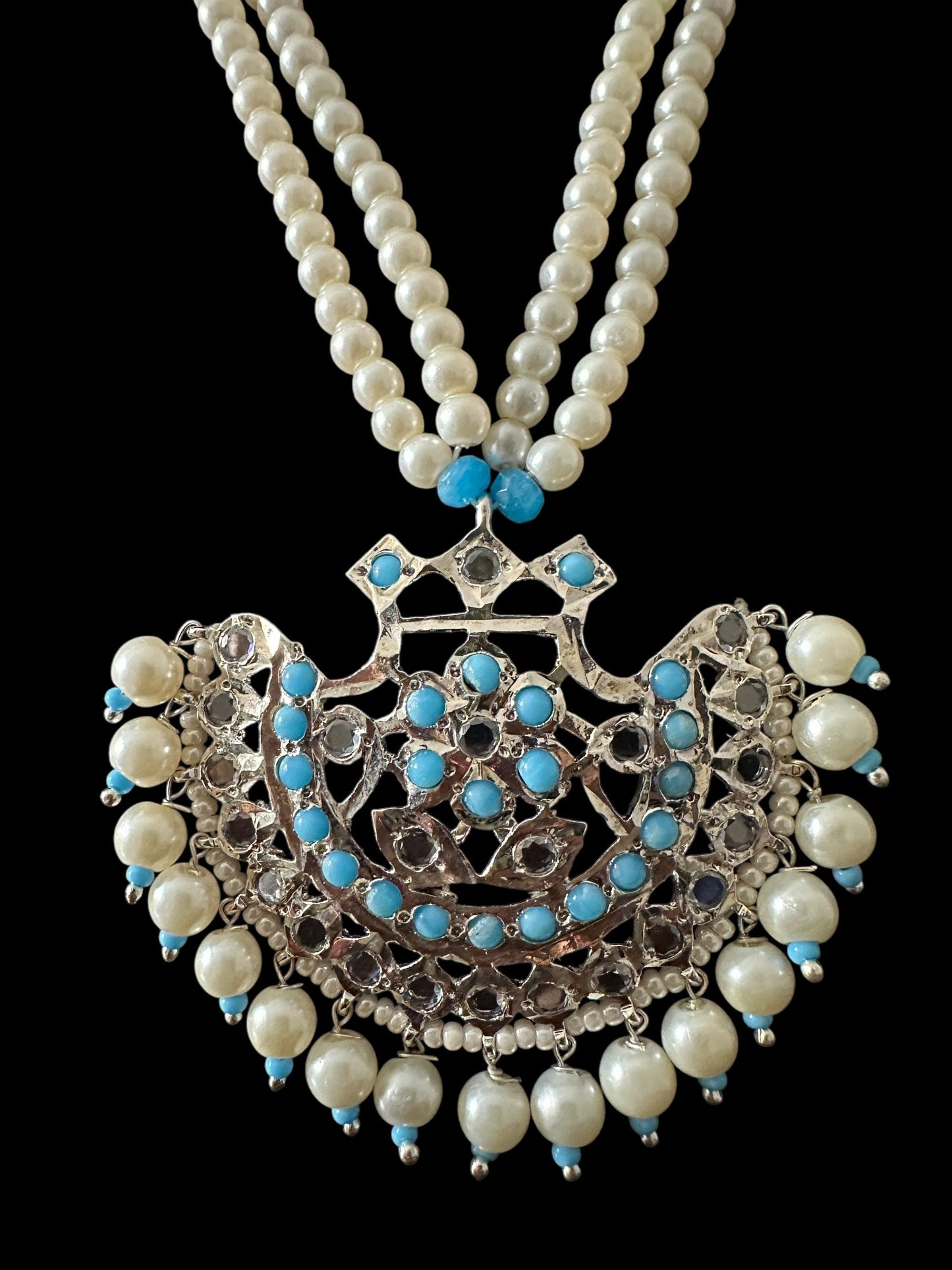 Turquoise / feroza hyderabadi silver plated pendant set with pearls ( READY TO SHIP  )