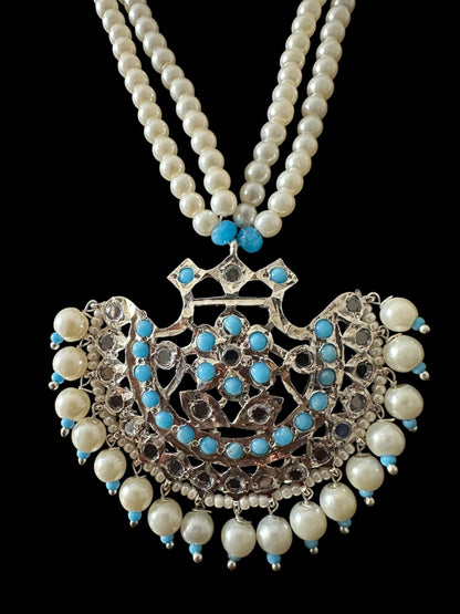 Turquoise / feroza hyderabadi silver plated pendant set with pearls ( READY TO SHIP  )