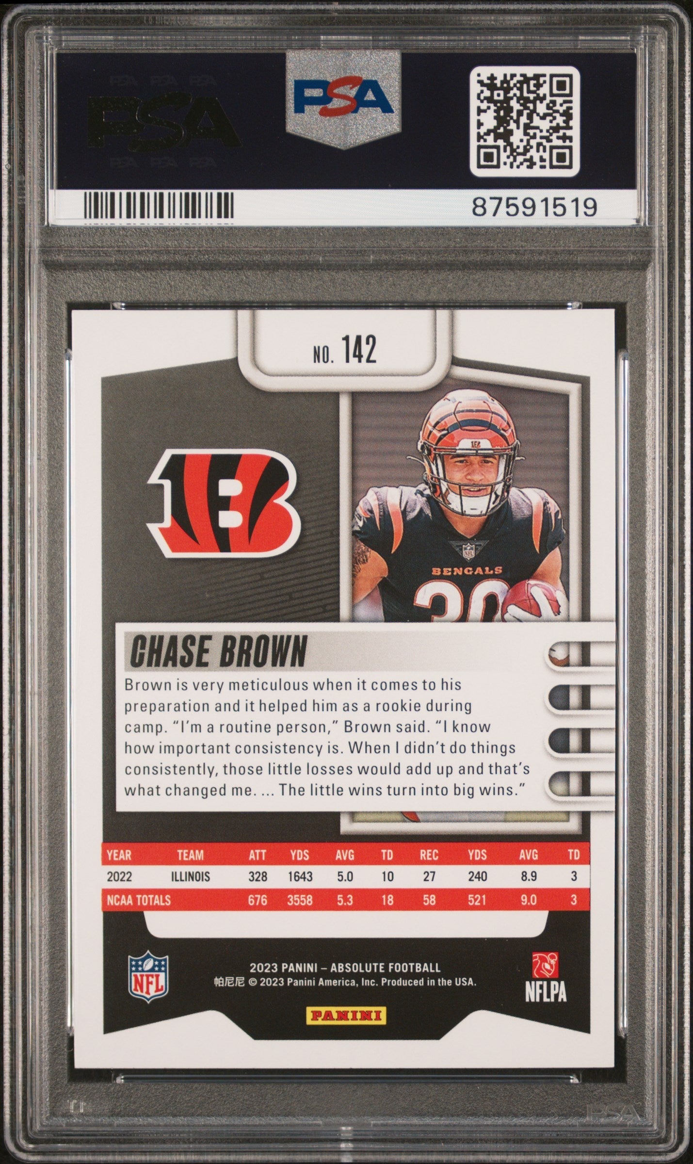 Graded 2023 Panini Absolute Chase Brown #142 Rookie RC Football Card PSA 10 Gem Mint