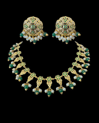 DNS194  Alea punjabi Jadau necklace  set - Emerald / Green   (READY TO SHIP)
