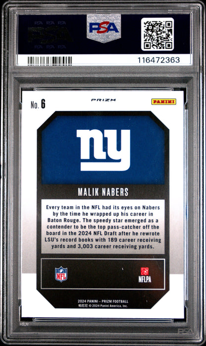 Graded 2024 Panini Prizm Malik Nabers #6 Emergent Green Ice Rookie RC Football Card PSA 10 Gem Mint
