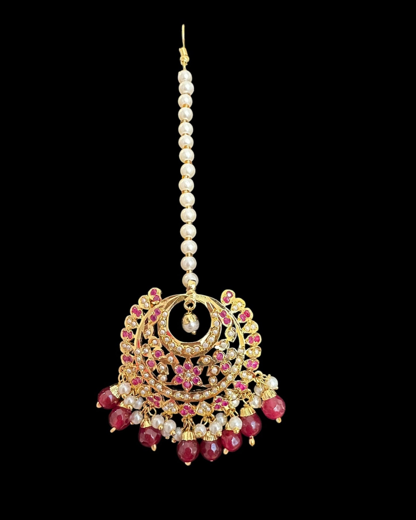 Dafiya ruby pearl Chandbali Earrings & Tika Set | Ships in 4 weeks | Deccan Jewelry