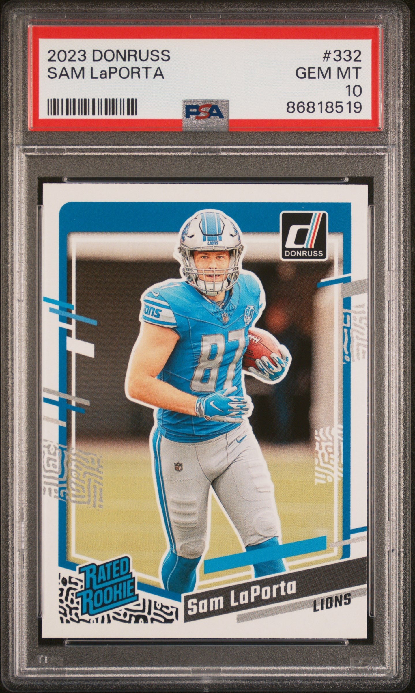 Graded 2023 Panini Donruss Sam LaPorta #332 Rookie RC Football Card PSA 10 Gem Mint