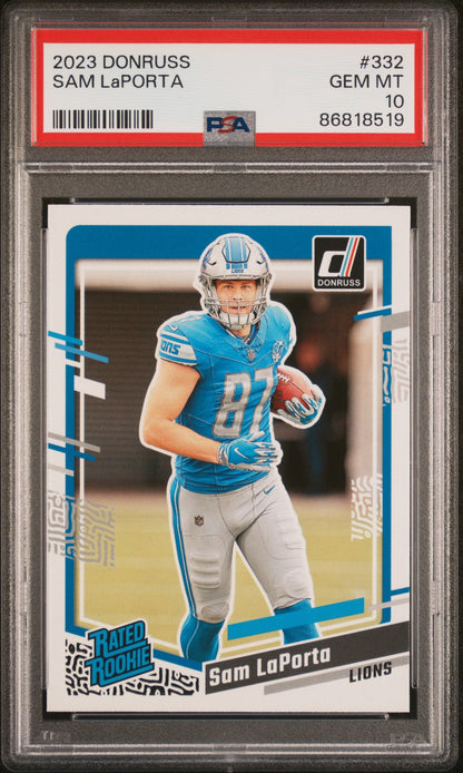 Graded 2023 Panini Donruss Sam LaPorta #332 Rookie RC Football Card PSA 10 Gem Mint