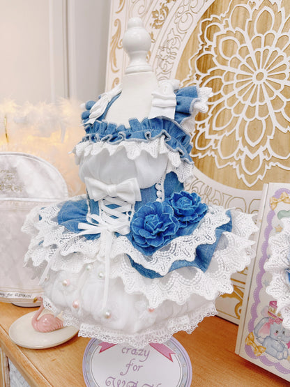 High quality handmade dog dresses denim+hat