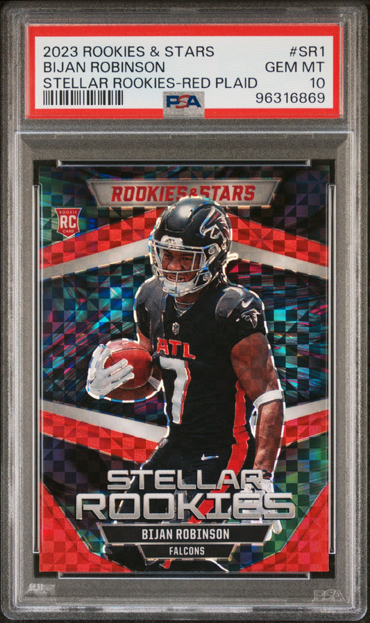 Graded 2023 Panini Rookies & Stars Bijan Robinson #SR1 Stellar Rookies Red Plaid Rookie RC Football Card PSA 10 Gem Mint