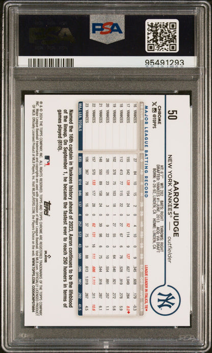 Graded 2024 Topps Chrome Aaron Judge #50 Baseball Card PSA 10 Gem Mint