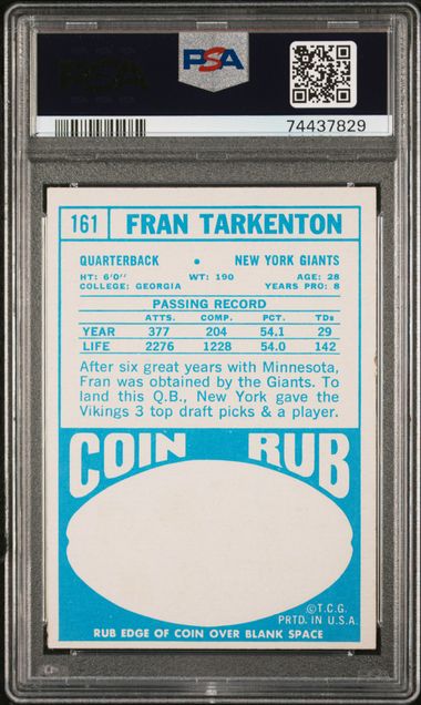 Graded 1968 Topps Fran Tarkenton #161 Football Card PSA 5 Excellent