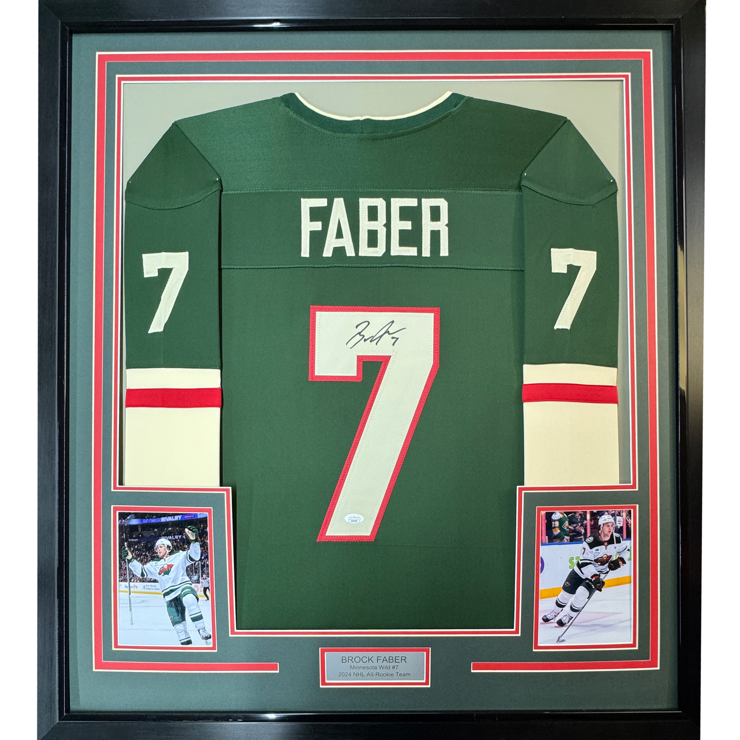 Framed Autographed/Signed Brock Faber 35x39 Minnesota Green Hockey Jersey JSA COA