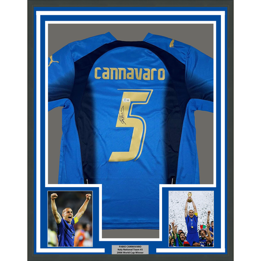 Framed Autographed/Signed Fabio Cannavaro 35x39 Italy Blue Soccer Futbol Jersey Beckett BAS COA