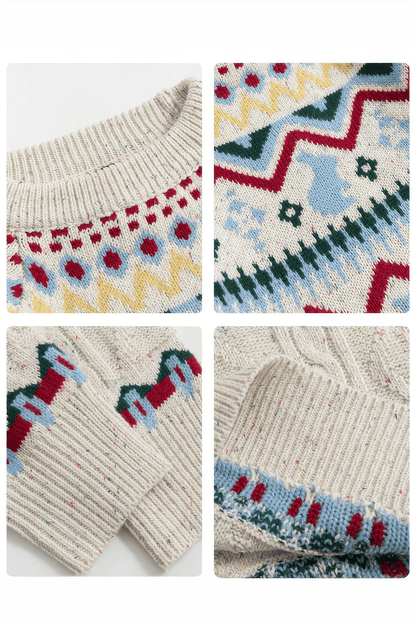 Fair Isle Red Holiday Knit Sweater - Cozy Oversized Pullover for Festive Vibes
