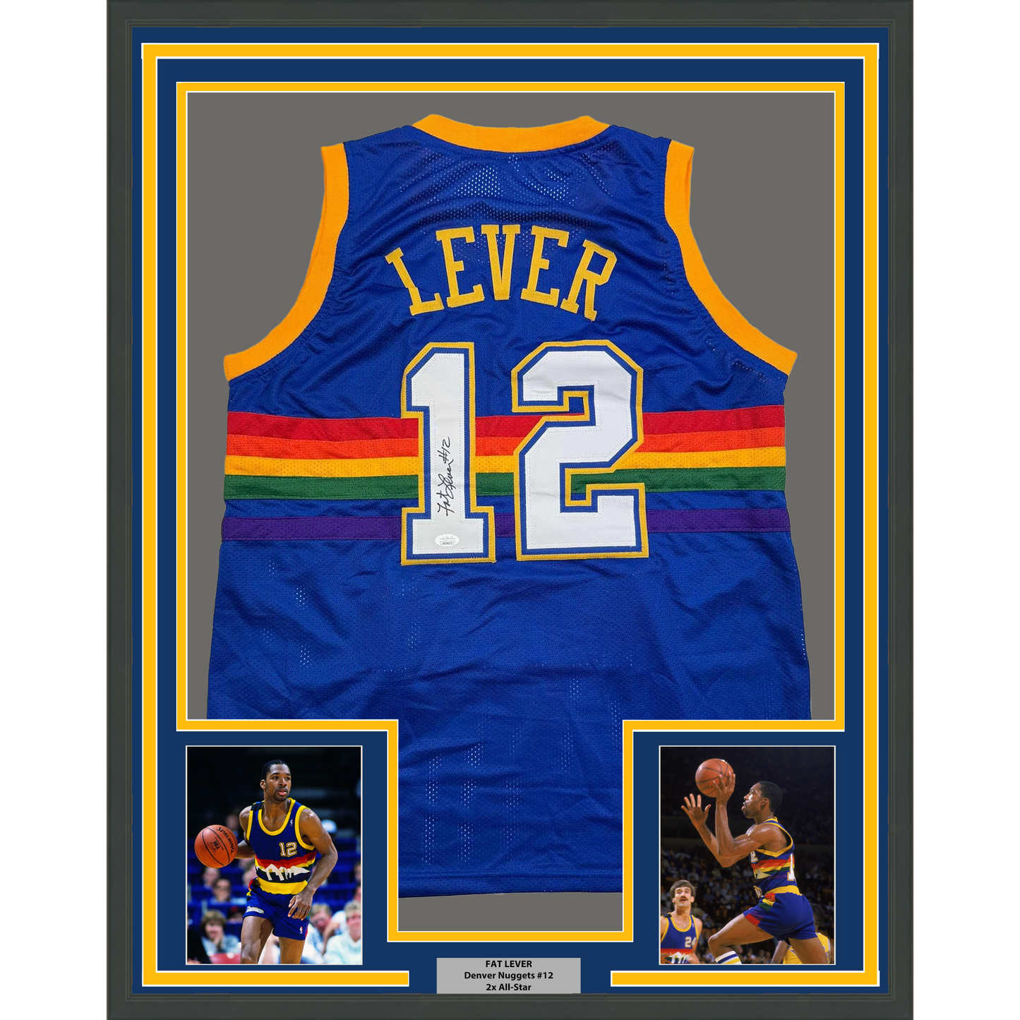 Framed Autographed/Signed Fat Lever 35x39 Denver Blue Retro Rainbow Basketball Jersey JSA COA