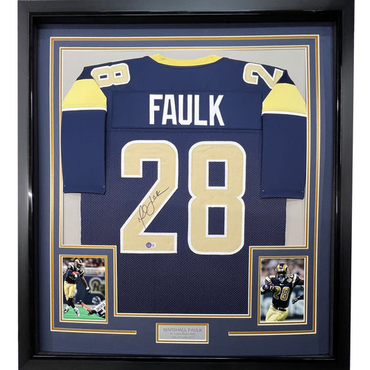 Framed Autographed/Signed Marshall Faulk 35x39 St. Louis Navy Blue Football Jersey Beckett BAS COA