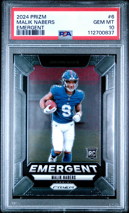 Graded 2024 Panini Prizm Malik Nabers #6 Emergent Rookie RC Football Card PSA 10 Gem Mint