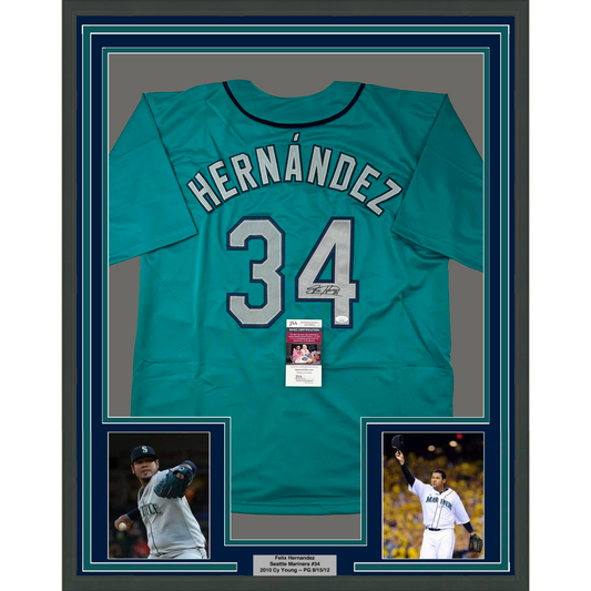 Framed Autographed/Signed Felix Hernandez 35x39 Seattle Teal Baseball Jersey JSA COA