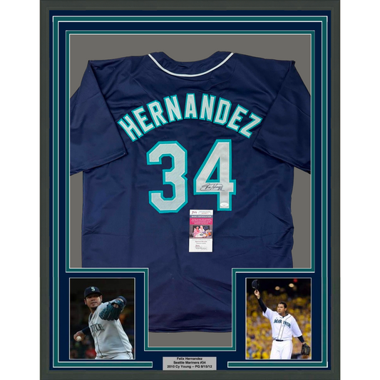 Framed Autographed/Signed Felix Hernandez 35x39 Seattle Blue Baseball Jersey JSA COA