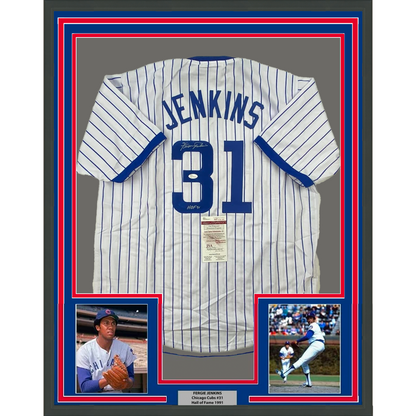 Framed Autographed/Signed Ferguson Fergie Jenkins 35x39 HOF 91 Chicago Pinstripe Baseball Jersey JSA COA