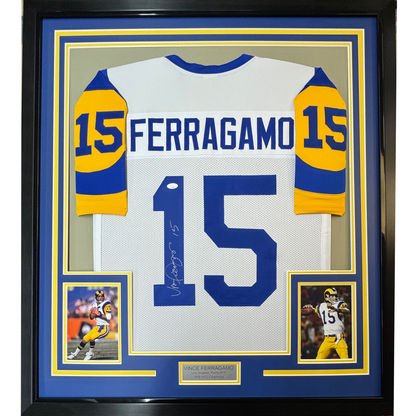 Framed Autographed/Signed Vince Ferragamo 35x39 Los Angeles LA Rams White Football Jersey JSA COA