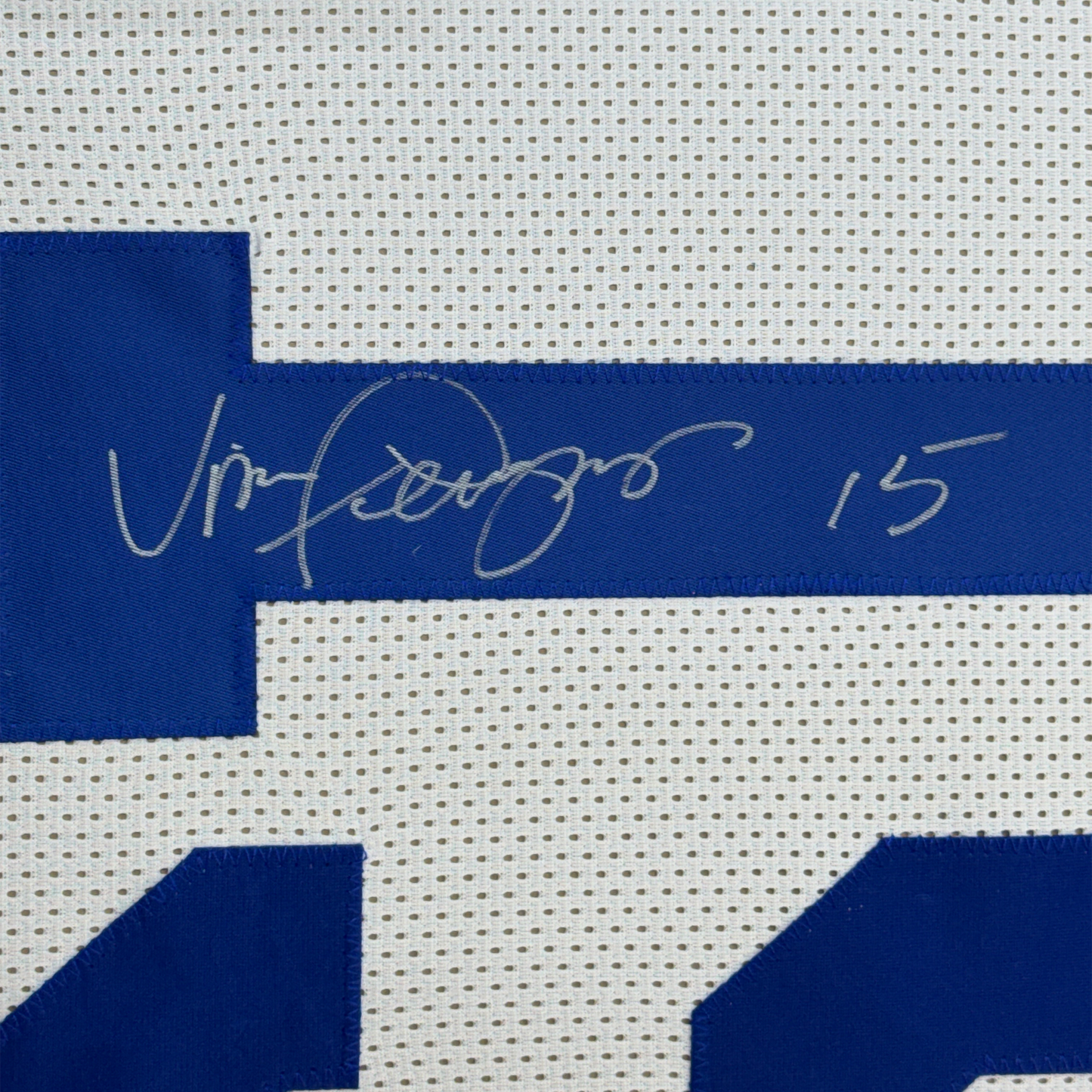 Framed Autographed/Signed Vince Ferragamo 35x39 Los Angeles LA Rams White Football Jersey JSA COA