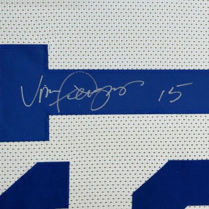 Framed Autographed/Signed Vince Ferragamo 35x39 Los Angeles LA Rams White Football Jersey JSA COA