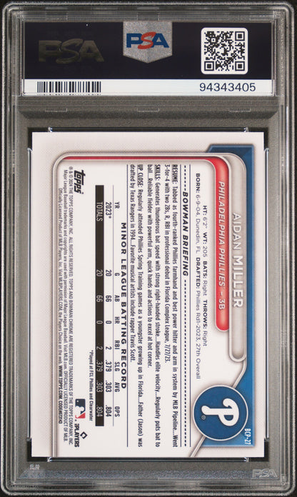 Graded 2024 Topps Bowman Aidan Miller #BCP27 Chrome Prospects Lunar Glow Refractor Rookie RC Baseball Card PSA 10 Gem Mint
