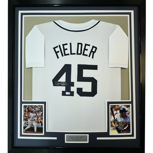 Framed Autographed/Signed Cecil Fielder 35x39 Detroit White Baseball Jersey JSA COA