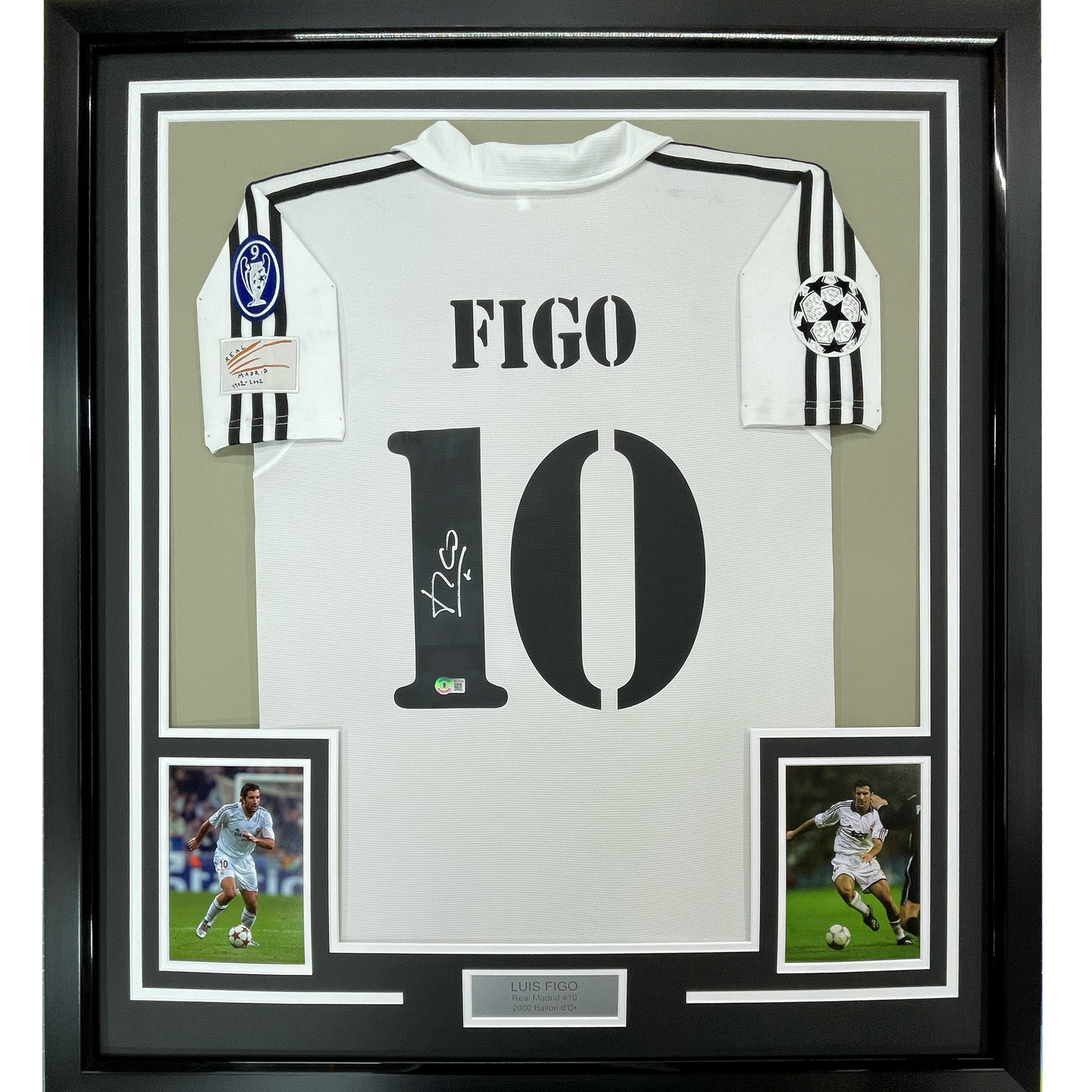 Framed Autographed/Signed Luis Figo 35x39 Real Madrid White Soccer Jersey Beckett BAS COA
