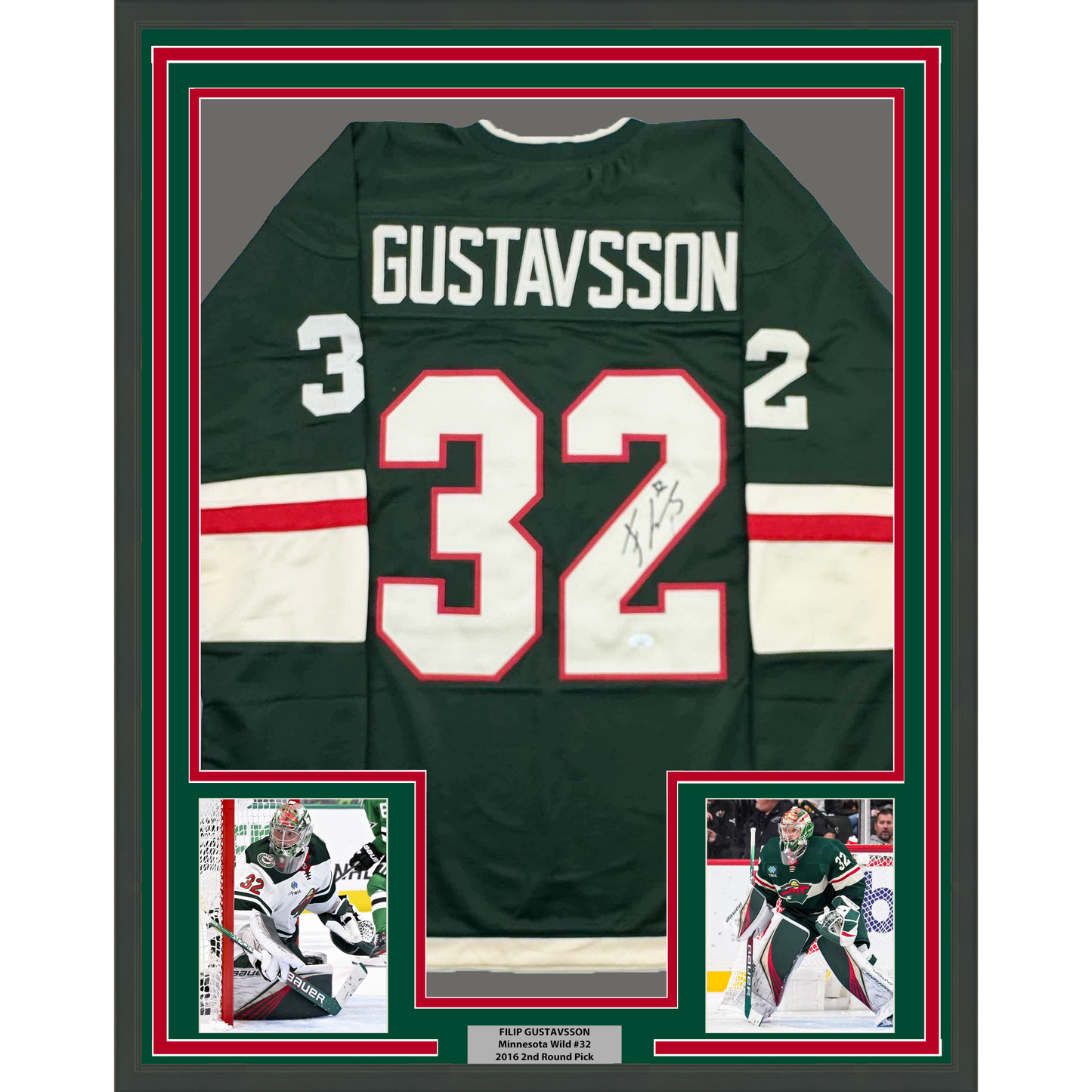 Framed Autographed/Signed Filip Gustavsson 35x39 Minnesota Green Hockey Jersey JSA COA