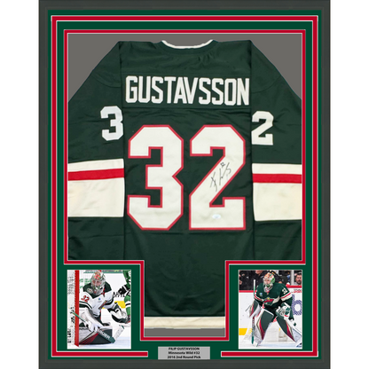 Framed Autographed/Signed Filip Gustavsson 35x39 Minnesota Green Hockey Jersey JSA COA