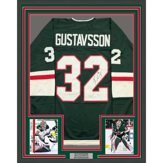 Framed Autographed/Signed Filip Gustavsson 35x39 Minnesota Green Hockey Jersey JSA COA