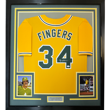 Framed Autographed/Signed Rollie Fingers 35x39 Oakland Yellow Baseball Jersey JSA COA