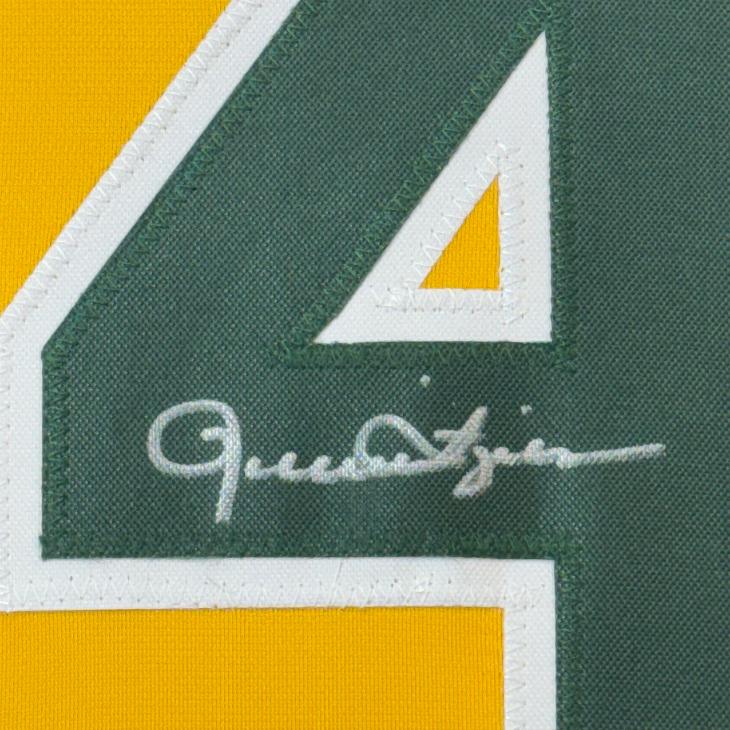 Framed Autographed/Signed Rollie Fingers 35x39 Oakland Yellow Baseball Jersey JSA COA