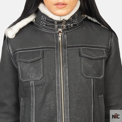 Fiona Black Hooded Shearling Leather Jacket