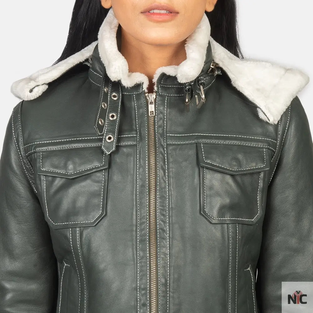 Fiona Green Hooded Shearling Leather Jacket