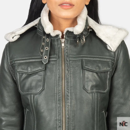 Fiona Green Hooded Shearling Leather Jacket