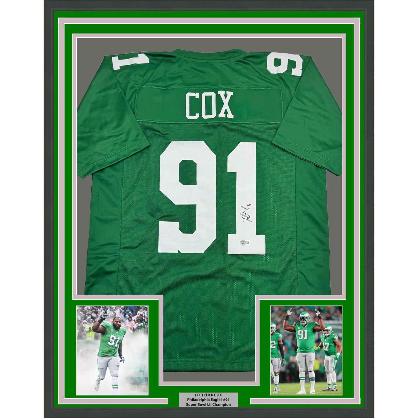 Framed Autographed/Signed Fletcher Cox 35x39 Philadelphia Kelly Green Football Jersey Beckett BAS COA