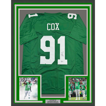 Framed Autographed/Signed Fletcher Cox 35x39 Philadelphia Kelly Green Football Jersey Beckett BAS COA