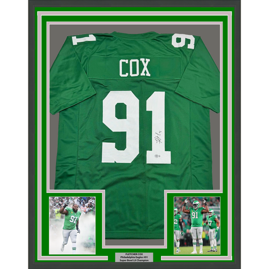 Framed Autographed/Signed Fletcher Cox 35x39 Philadelphia Kelly Green Football Jersey Beckett BAS COA
