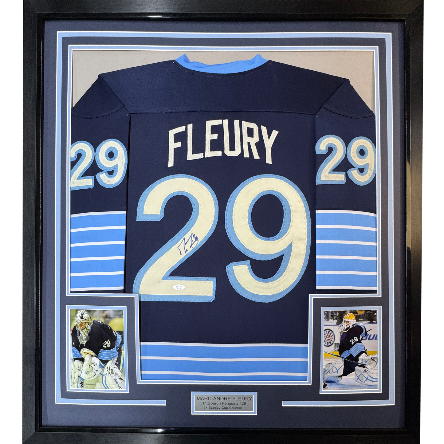 Framed Autographed/Signed Marc-Andre Fleury 35x39 Pittsburgh Blue Winter Classic Hockey Jersey JSA COA